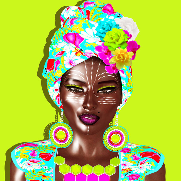 Afrikkalainen kuningatar, Muotikaunotar. Upea värikäs kuva kauniista naisesta, jolla on vastaavat meikit, asusteet ja vaatteet kukkataustaa vasten. 3D digitaalista taidetta tehdä täydellinen teemoja kauneus, monimuotoisuus, ylpeys ja enemmän
! - Valokuva, kuva
