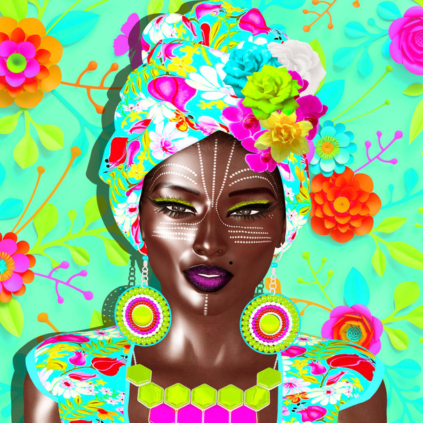 アフリカの女王、ファッションの美しさ。メイク、アクセサリーをマッチングと花の背景に対する衣服と美しい女性の見事なカラフルなイメージ。3 d デジタル芸術の美しさ、多様性、プライドのテーマに最適なレンダリングします。! - 写真・画像