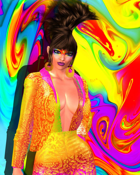 Традиционная модная одежда и прическа с яркими цветами. Женщина в сексуальном цветочном топе на ярко-желтом фоне. Наш уникальный трехмерный цифровой модельный дизайн вызывает уверенность, веселье и внимание.
.  - Фото, изображение