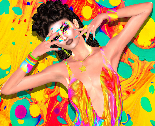 Trendy Fashion clothing and hairstyle scene with bold colors. Woman wearing a sexy floral top against a bright colored abstract background. Our unique 3d rendered digital model art fashion design shouts confidence, fun and attention grabbing colors.  - Photo, Image