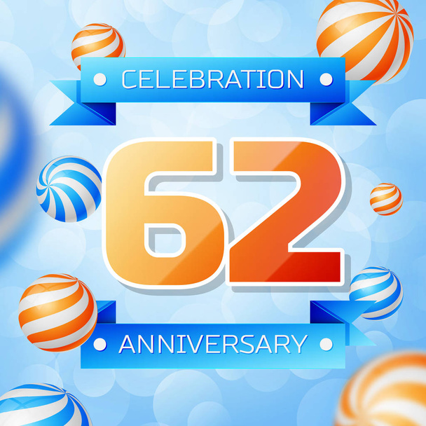 Bannière réaliste de conception de célébration d'anniversaire de soixante-deux ans. Numéros d'or et rubans bleus, ballons sur fond bleu. Éléments vectoriels colorés pour votre fête d'anniversaire
 - Vecteur, image
