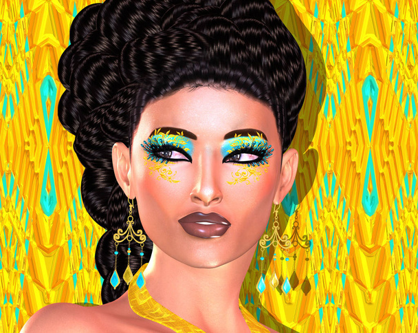 A new hairstyle of braids, twists and waves is set against a bright yellow background.  This unique 3d rendered digital model  art hairstyle design shouts confidence, fun and attention grabbing colors.  - Photo, Image