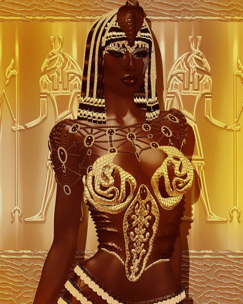 Egyptische Magic Woman godin in gouden sieraden en kostuum tegen woestijn zand achtergrond. Onze oorspronkelijke 3d gesmolten digitale model tentoonstellingen van de schepping uit het mysterie, schoonheid, rijkdom en macht van Egypte.  - Foto, afbeelding