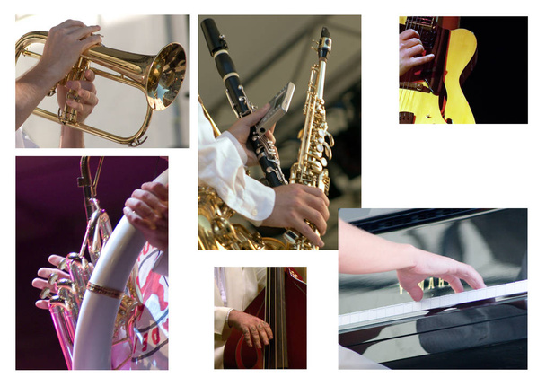μοντάζ από τα χέρια που παίζετε varios μουσικά όργανα - Φωτογραφία, εικόνα