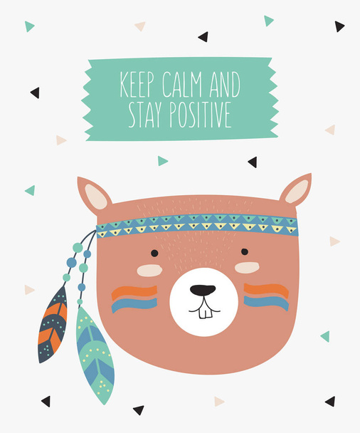Vector indian tribal squirrel face with motivational slogan. Doodle illustration. Friendship day, Valentine's, anniversary, birthday, children's or teenager party - Vetor, Imagem
