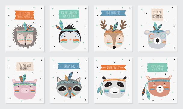 Vector collection of postcards with indian tribal animals faces with motivational slogan. Friendship day, Valentine's, anniversary, birthday, children's or teenager party - Vetor, Imagem