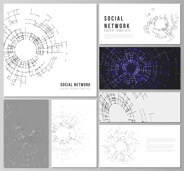 Os layouts de vetores abstratos minimalistas de mockups de redes sociais modernas em formatos populares. Conceito de conexão de rede com linhas de conexão e pontos. Projeto de tecnologia, fundo geométrico digital
 - Vetor, Imagem