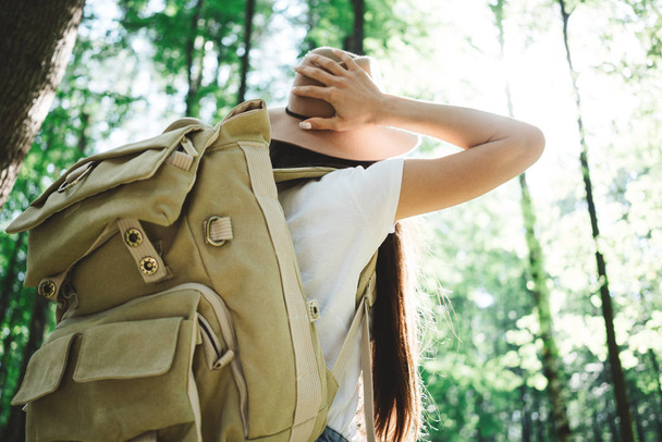 Back view of close-up traveler backpack and hipster girl wearing hat. Young brave woman traveling alone among trees in forest on outdoors. Lens flare effect - Foto, Bild