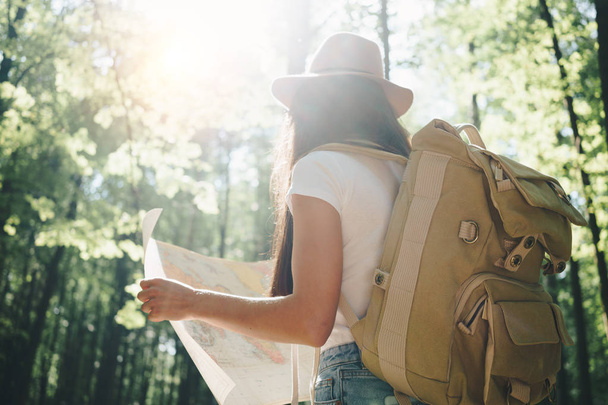 Back view on cute young woman with hat, backpack and location map in hand among trees in forest at sunset. Lens flare effect - Foto, Imagem