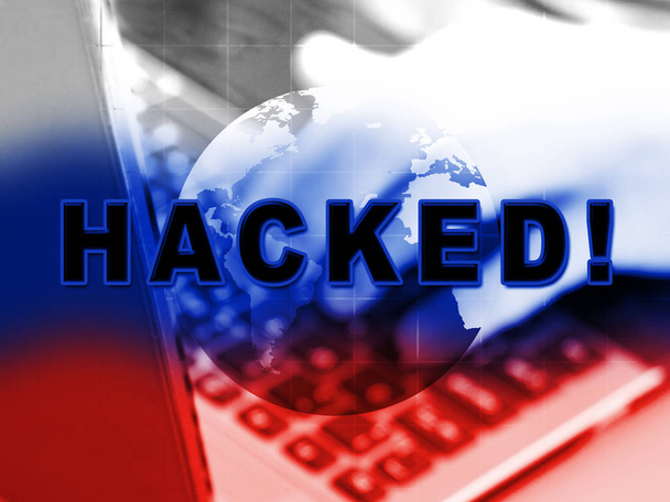 Hacker tippen gehackte Daten Alarm 3d Abbildung zeigt cybersecurity type Tastatur-Programmierung durch Russen auf dnc computer in usa - Foto, Bild