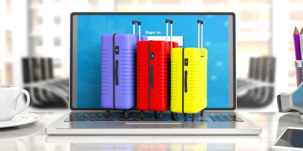 Concepto de reserva de viajes online. Tres maletas de colores brillantes en una computadora portátil, fondo borroso de negocios de oficina. ilustración 3d
 - Foto, imagen
