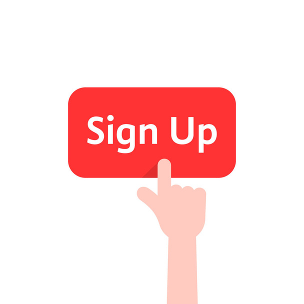 simple finger presses on sign up button isolated on white. concept of membership form ui on web site or webpage for member and on-line check in. flat style trend modern logo graphic design - Vector, Image