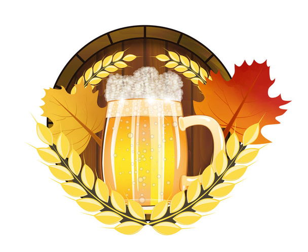 Eemblem  Beer Festival Oktoberfest in Germany for poster or banner with with fresh lager beer, barrel and maple leafs. Vector illustration. - Vector, imagen