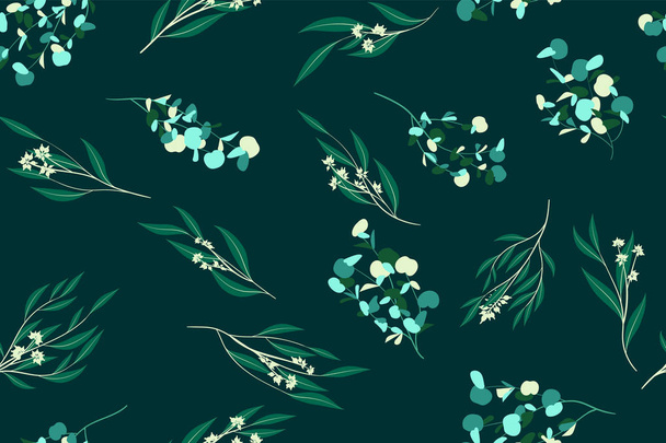 Eucalyptus Vector Seamless Pattern with Leaves, Branches and Floral Elements. Elegant Cute Background for Rustic Wedding Design, Fabric, Textile, Dress. Eucalyptus Vector in Vintage Style for Print. - Vector, Imagen