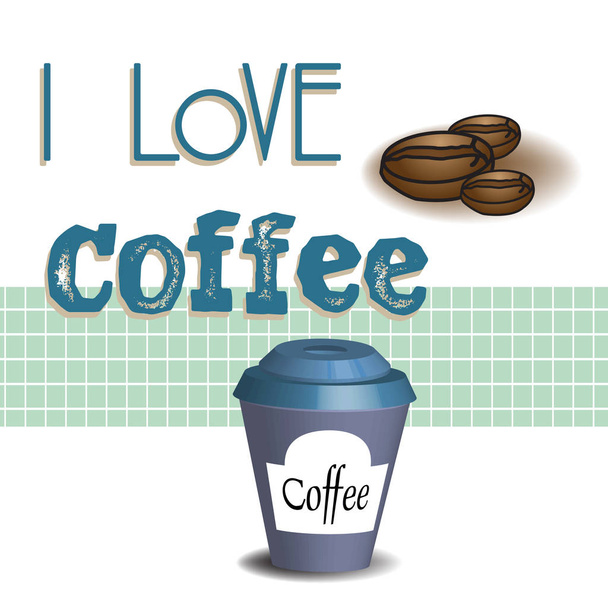 Colorful background with coffee cup, coffee beans and the text I love coffee written with various letters - Vector, Image