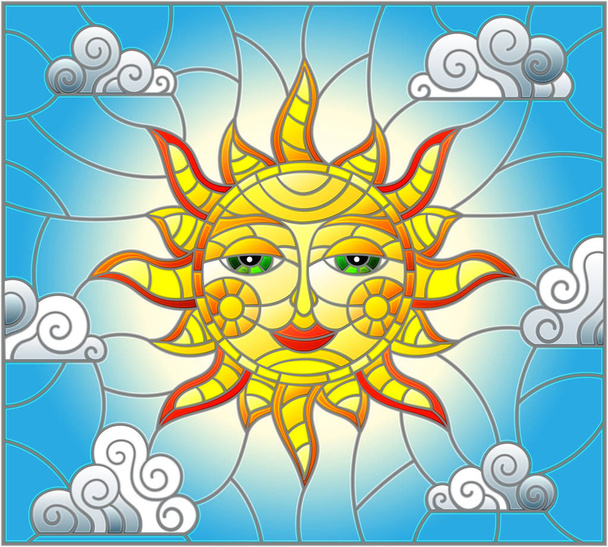 Ilustración en estilo vidriera con fabuloso sol con la cara en el fondo del cielo y las nubes - Vector, Imagen