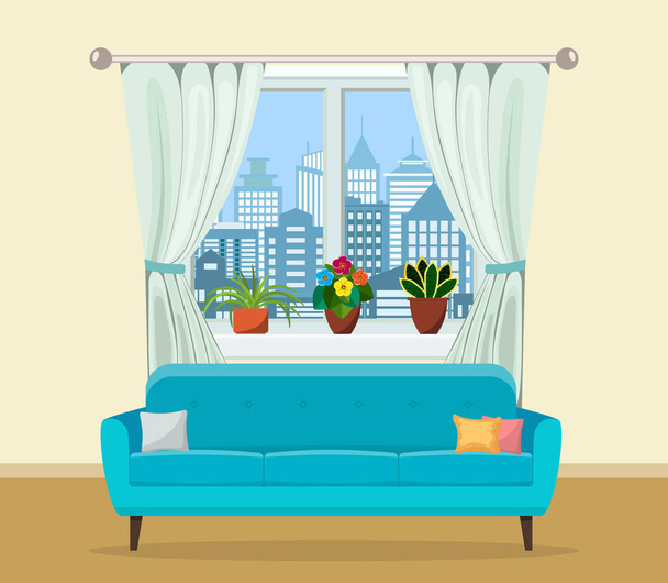 Sofá con almohadas y ventana con plantas
. - Vector, Imagen
