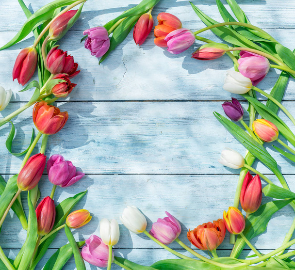 Colorful tulips on blue wooden table in spring sunlights. Spring background. - Foto, Imagem
