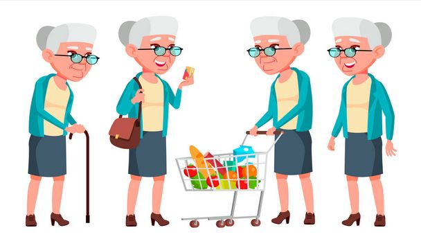 Old Woman Poses Set Vector. Elderly People. Senior Person. Aged. Positive Pensioner. Advertising, Placard, Print Design. Isolated Cartoon Illustration - Vector, Image