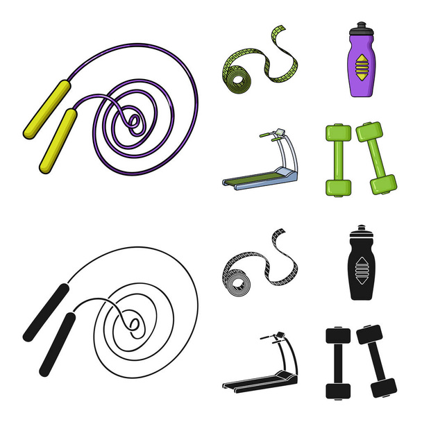 Measuring tape, water bottle, treadmill, dumbbells. Fitnes set collection icons in cartoon,black style vector symbol stock illustration web. - Vetor, Imagem
