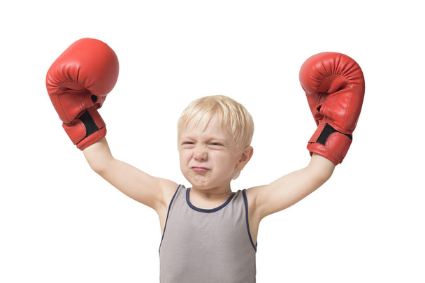 Funny blond boy in red boxing gloves. Sports concept. Isolate - Foto, Bild