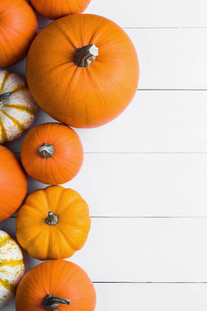 Many orange pumpkins on white wooden background with copy space, autumn harvest, Halloween or Thanksgiving concept - Foto, Imagem