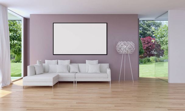 moderne helle Innenräume Wohnung mit Attrappe Posterrahmen 3D-Rendering-Illustration - Foto, Bild