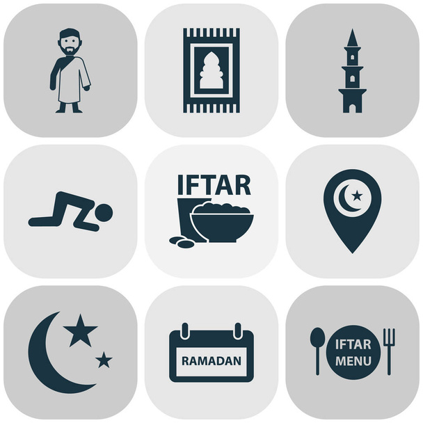 Iconos de religión con alfombra, menú, mubarak y otros elementos kareem. Iconos de religión de ilustración vectorial aislado
. - Vector, imagen