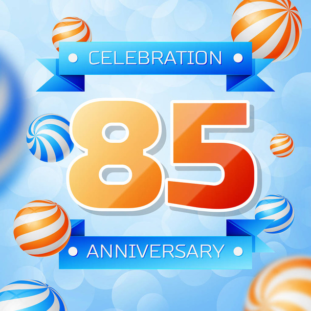 realistische 85 Jahre Jubiläumsfeier Design Banner. Goldzahlen und blaue Bänder, Luftballons auf blauem Hintergrund. Bunte Vektorvorlagen-Elemente für Ihre Geburtstagsfeier - Vektor, Bild