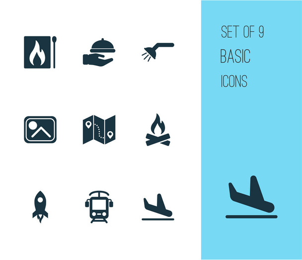 Conjunto de iconos de viaje con camarero, foto, elementos de baño de aterrizaje plano. Iconos de viaje de ilustración vectorial aislado
. - Vector, Imagen