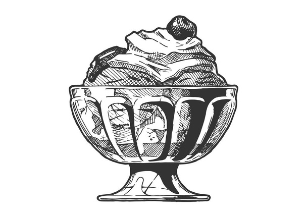 Vector hand drawn illustration of Ice Cream served in glass bowl. In vintage engraved style. Isolated on white background.  - Vektori, kuva