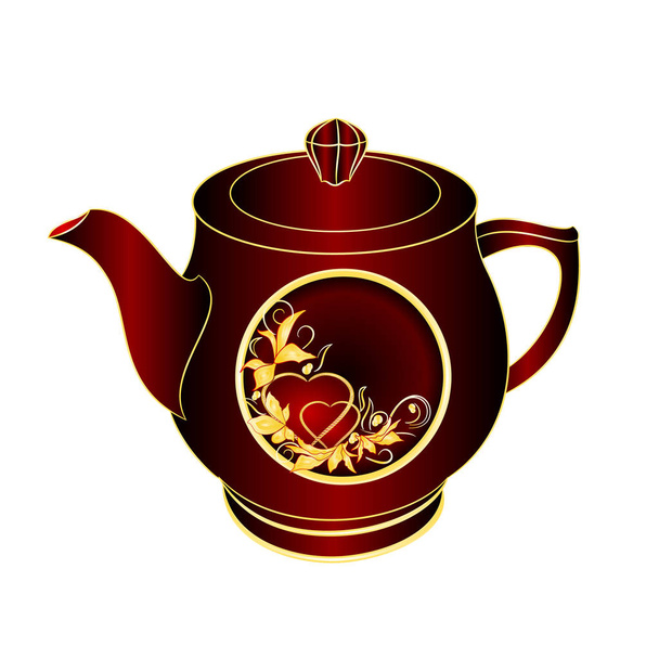 Teapot of black and red porcelain  gold ornament heart  and leaves on a white background vintage vector illustration editable hand draw - Vector, Image