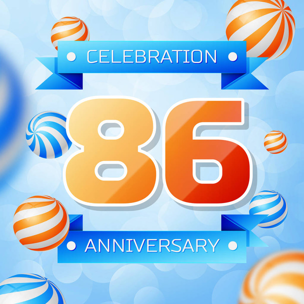 realistische 86 Jahre Jubiläumsfeier Design Banner. Goldzahlen und blaue Bänder, Luftballons auf blauem Hintergrund. Bunte Vektorvorlagen-Elemente für Ihre Geburtstagsfeier - Vektor, Bild