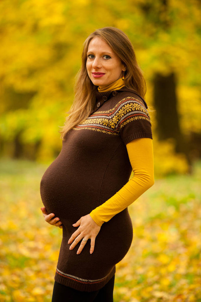 Beautiful pregnant woman outdoor in park on autumn afternoon with vibrant nature colors in background . - Foto, afbeelding