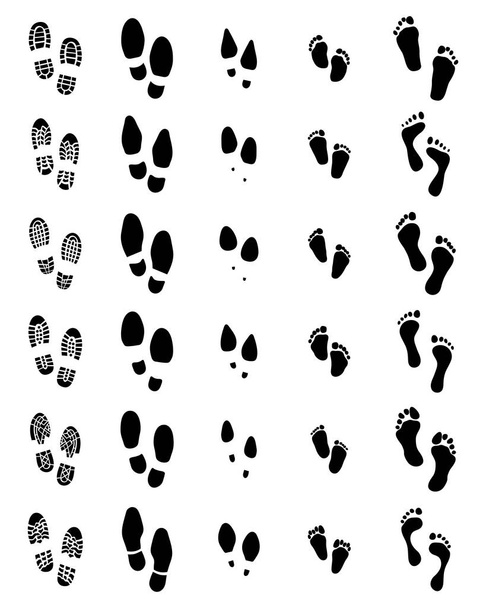 Stampe nere di scarpe e piedi umani su sfondo bianco
 - Vettoriali, immagini