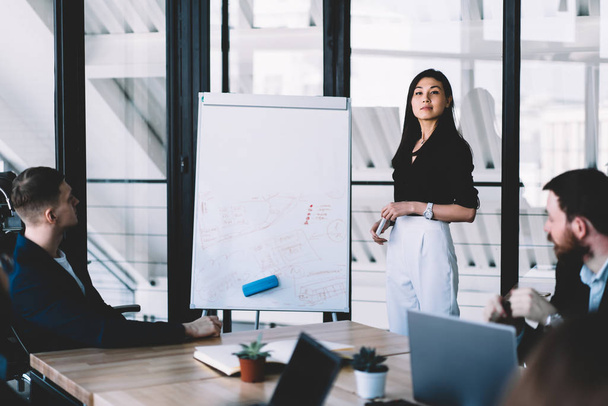 Portrait of confident professional female coach looking at camera while conducting business workshop for young and successful entrepreneurs in modern office standing near white flip chart - Photo, image