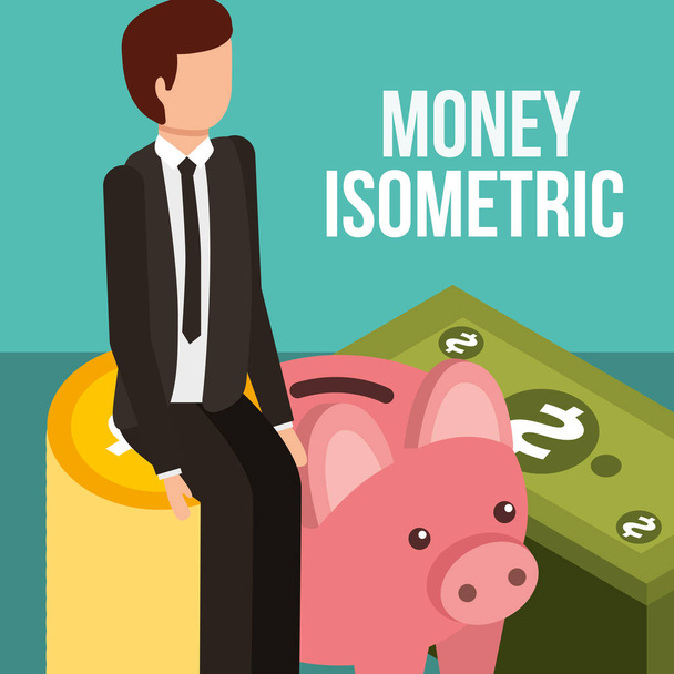 businessman sitting on pile coins piggy bank bill money isometric - Vector, Image