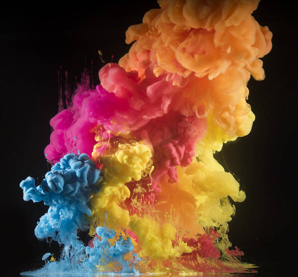 Colorful rainbow paint drops from above mixing in water. Ink swirling underwater. - Foto, Imagem