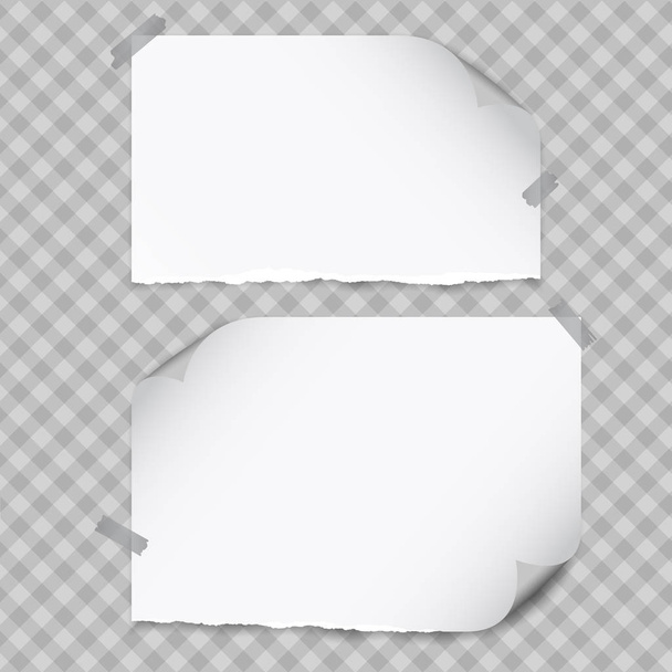Set of white torn notebook paper with curled corners for text or advertising message on gray squared background. - Vector, Image