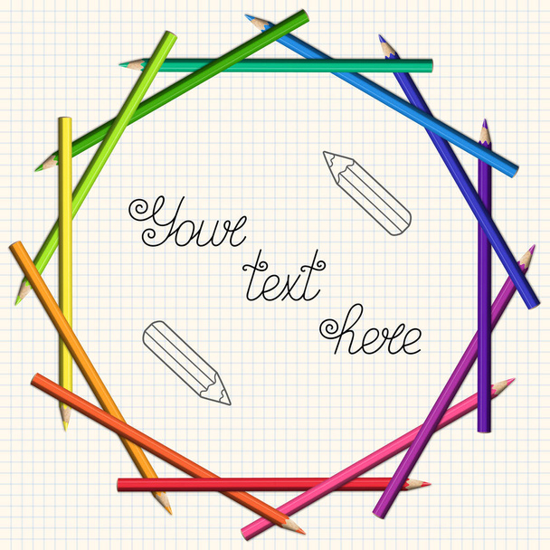 Stylized Round Frame of Colored Pencils on Checkered Paper. Design Elements of School Supplies for Text. - Vector, Image