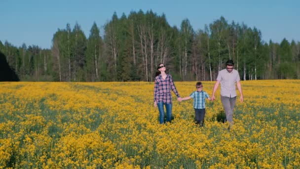 Familienspaziergang auf dem Feld mit gelben Blumen in der Nähe des Waldes. mom, sohn, papa. - Filmmaterial, Video