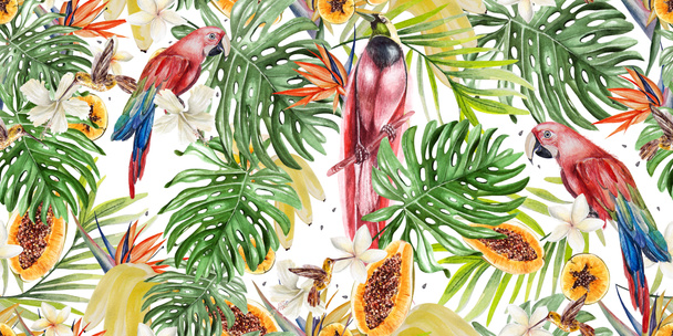 Bella acquerello modello tropicale con pappagalli e fiori di ibisco e strelitzia. Frutta tropicale papaya e banane
. - Foto, immagini