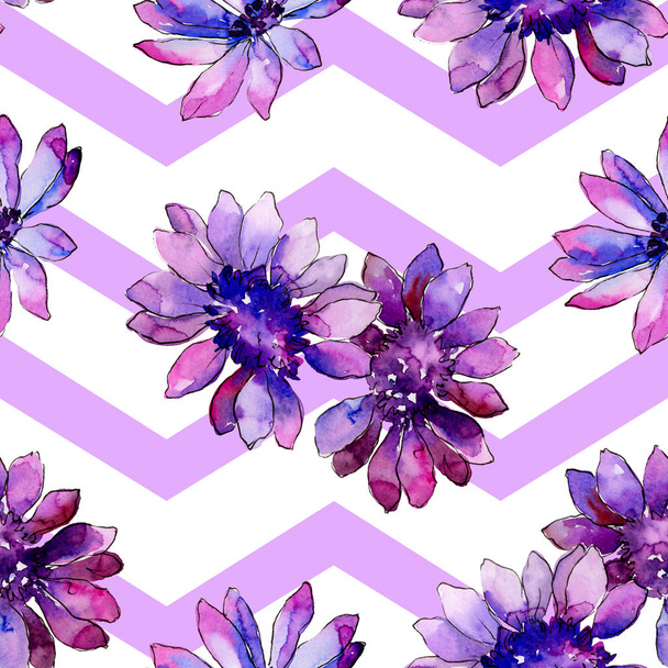 Watercolor purple african daisy. Floral botanical flower. Seamless background pattern. Fabric wallpaper print texture. Aquarelle wildflower for background, texture, wrapper pattern, frame or border. - Photo, Image