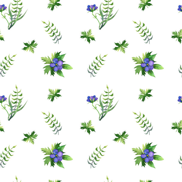 Simple seamless pattern with differents leaves  and blue flowers - Foto, afbeelding