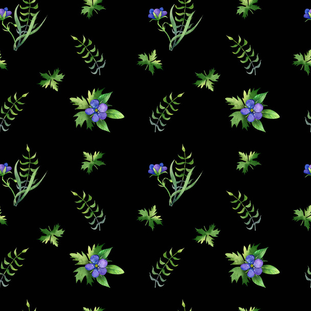 einfaches nahtloses Muster mit unterschiedlichen Blättern und blauen Blüten - Foto, Bild