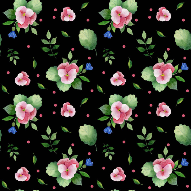 Seamless pattern with red pansy and green leaves - Fotó, kép