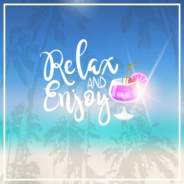 cocktail summer blurred sea bokeh beach background frame design badge vacation season holidays lettering for logo templates invitation greeting card prints and posters - Vector, imagen