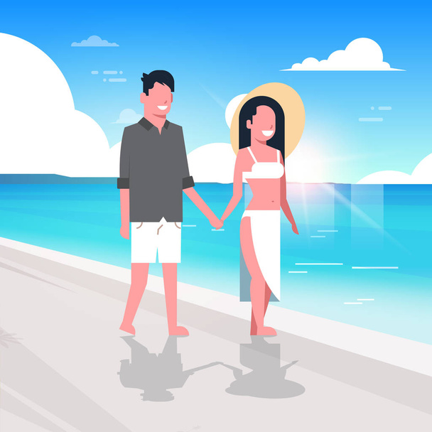 coppia uomo donna alba spiaggia estate vacanza sorridente passeggiando mare mare oceano piatto
 - Vettoriali, immagini