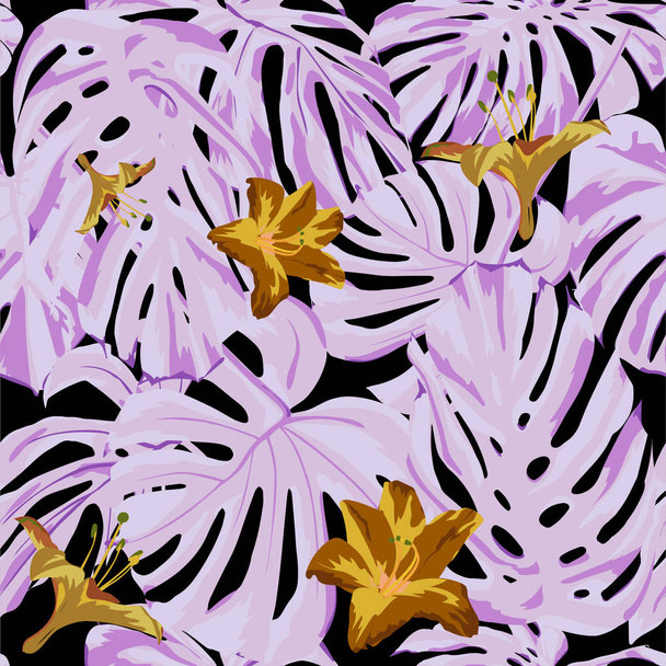 Tropical Print. Jungle Seamless Pattern. Vector Tropic Summer Motif with Hawaiian Flowers.  - Vector, afbeelding