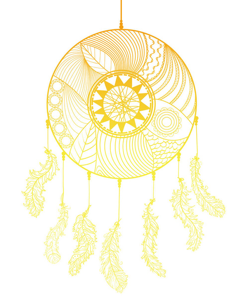 白地に手描きのドリーム キャッチャー。Zentangle。羽。抽象の神秘的なシンボルです。禅芸術。大人のための精神的なリラクゼーションのためのデザイン。ライン アートの作成 - ベクター画像